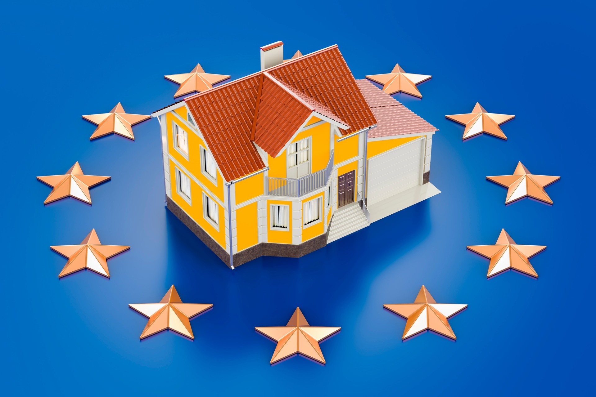 Real estate in European Union concept. House on the European Union flag. Property for sale, rent or mortgage. 3D rendering